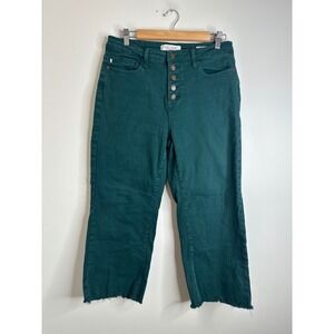 Judy Blue High Rise Wide Leg Crop Jeans Emerald Green Button Fly Raw Hem Sz 30